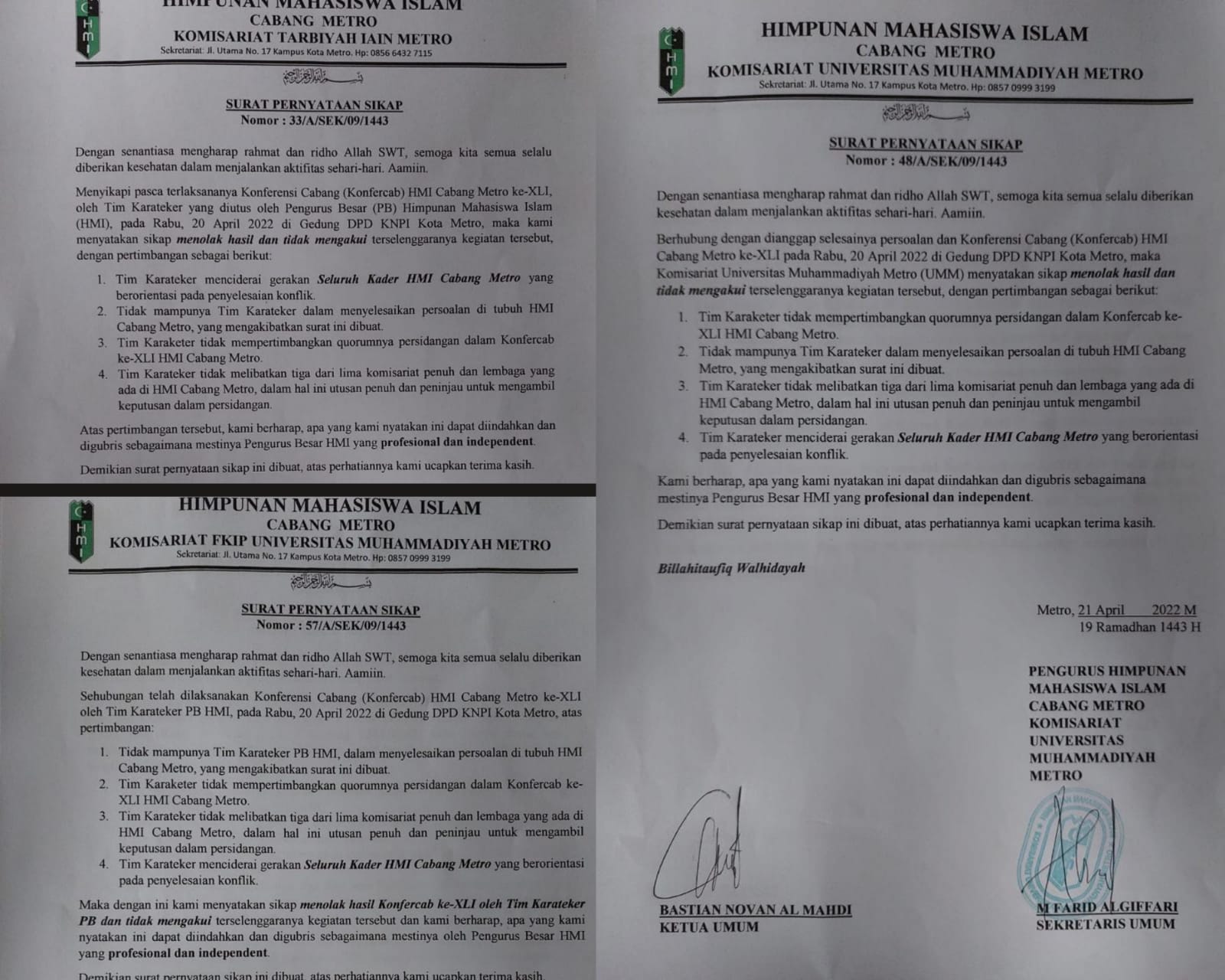 Anggap Tim Karateker Tidak Menyelesaikan Konflik, Tiga Komisariat Tolak Hasil Konfercab HMI Cabang Metro