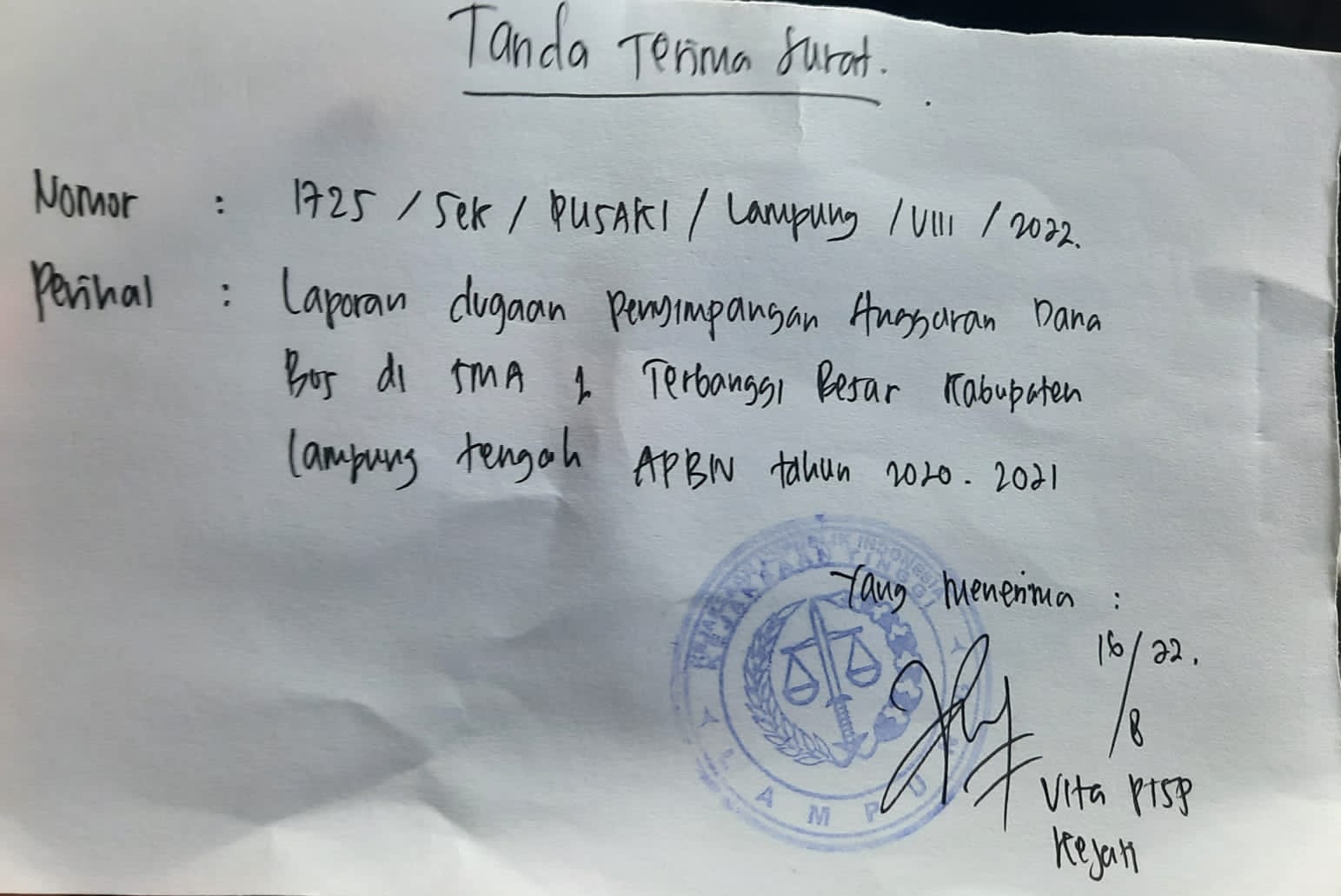 Lagi, Penggunaan Dana BOS SMAN 1 Terbanggi Besar Lampung Tengah Dilaporkan ke Kejati