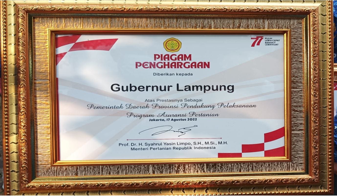 Dinilai Berprestasi di Sektor Pertanian, Gubernur Arinal Terima Penghargaan dari Mentan Syahrul Yasin Limpo