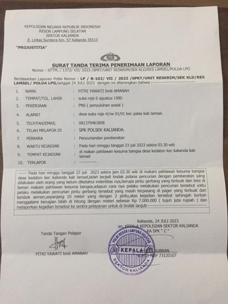 Sudah Hampir Dua Bulan Pencuri Gerbang Pagar Makam Pahlawan Kalianda Belum Terungkap