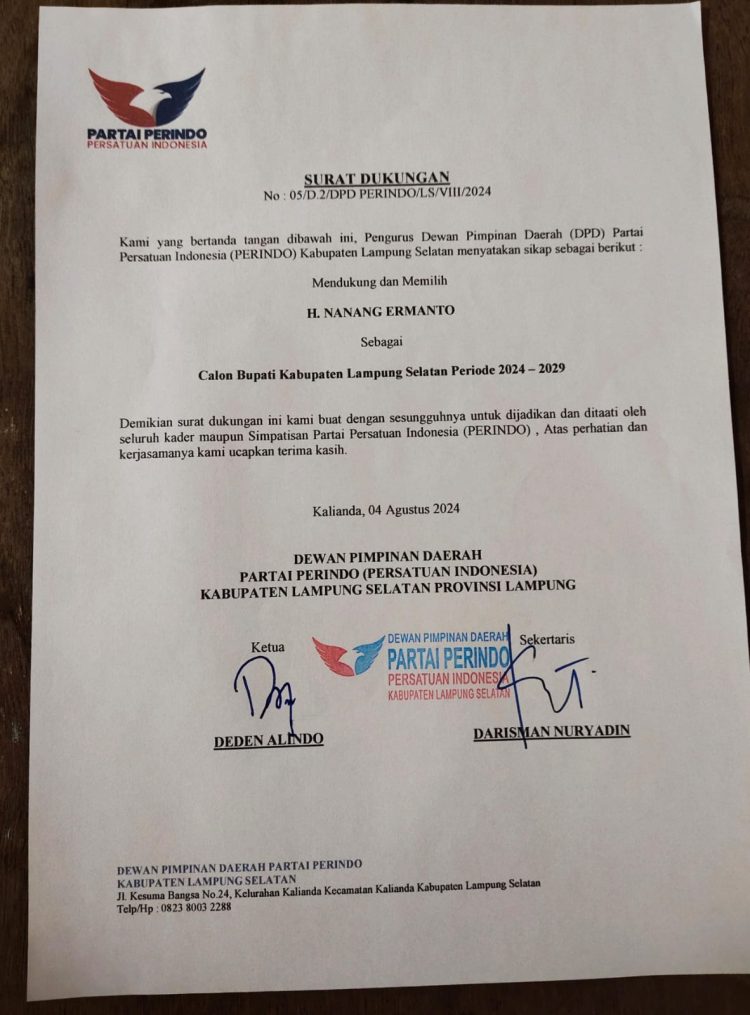 Partai Hanura Dan Perindo Berikan Dukungan Kepada Nanang Ermanto