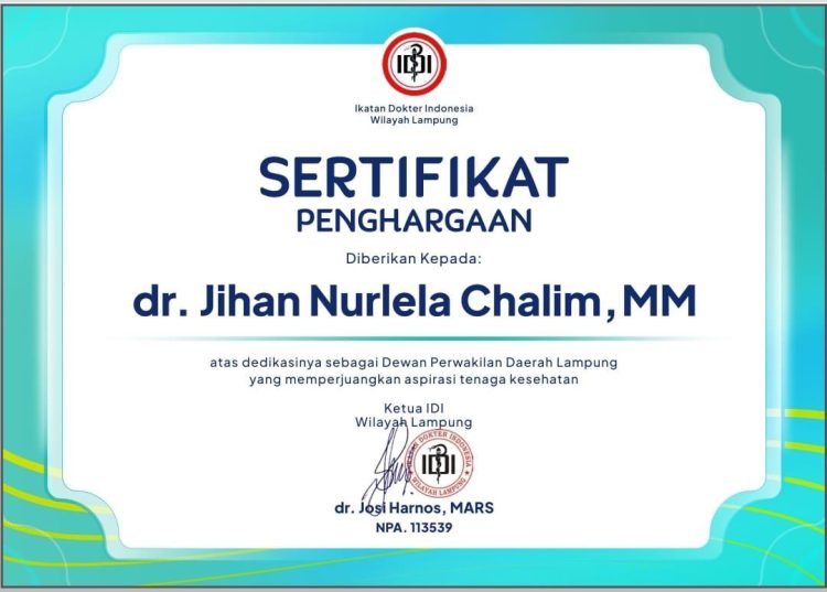 dr. Jihan Nurlela Terima Penghargaan IDI Lampung atas Dedikasinya di Bidang Kesehatan