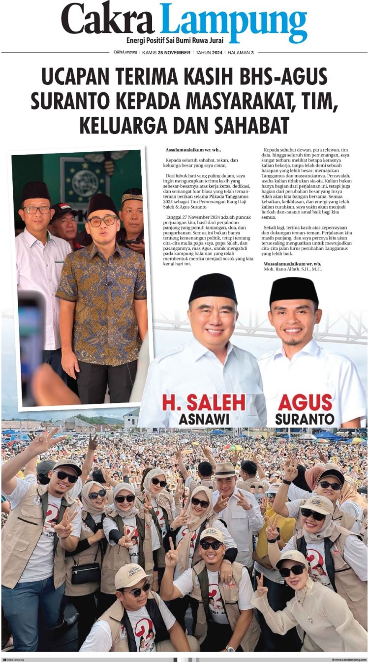 Ucapan Terima Kasih BHS-Agus Suranto Kepada Masyarakat, Tim, Keluarga Dan Sahabat