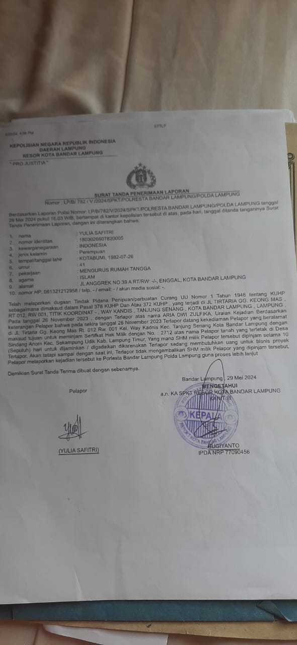 Merasa Ditipu, Yulia Safitri Lapor Polisi