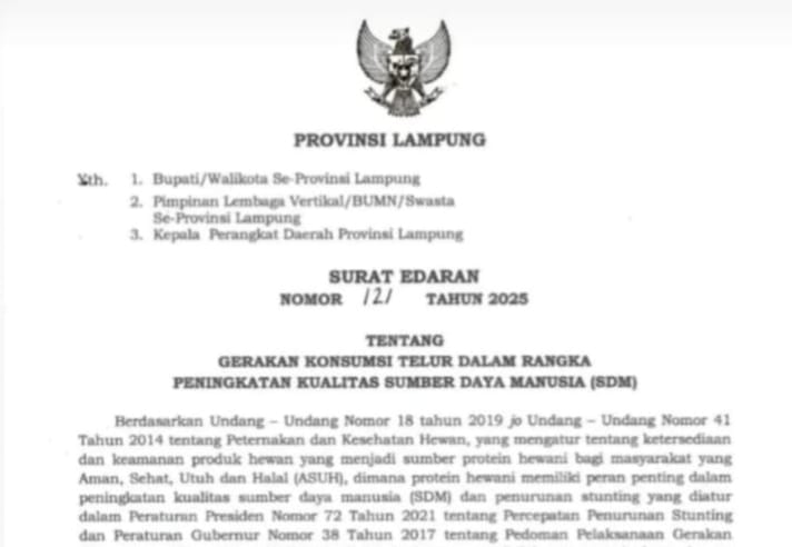Pemprov Lampung Dorong Gerakan Konsumsi Telur Guna Tingkatkan Kualitas SDM dan Tekan Stunting