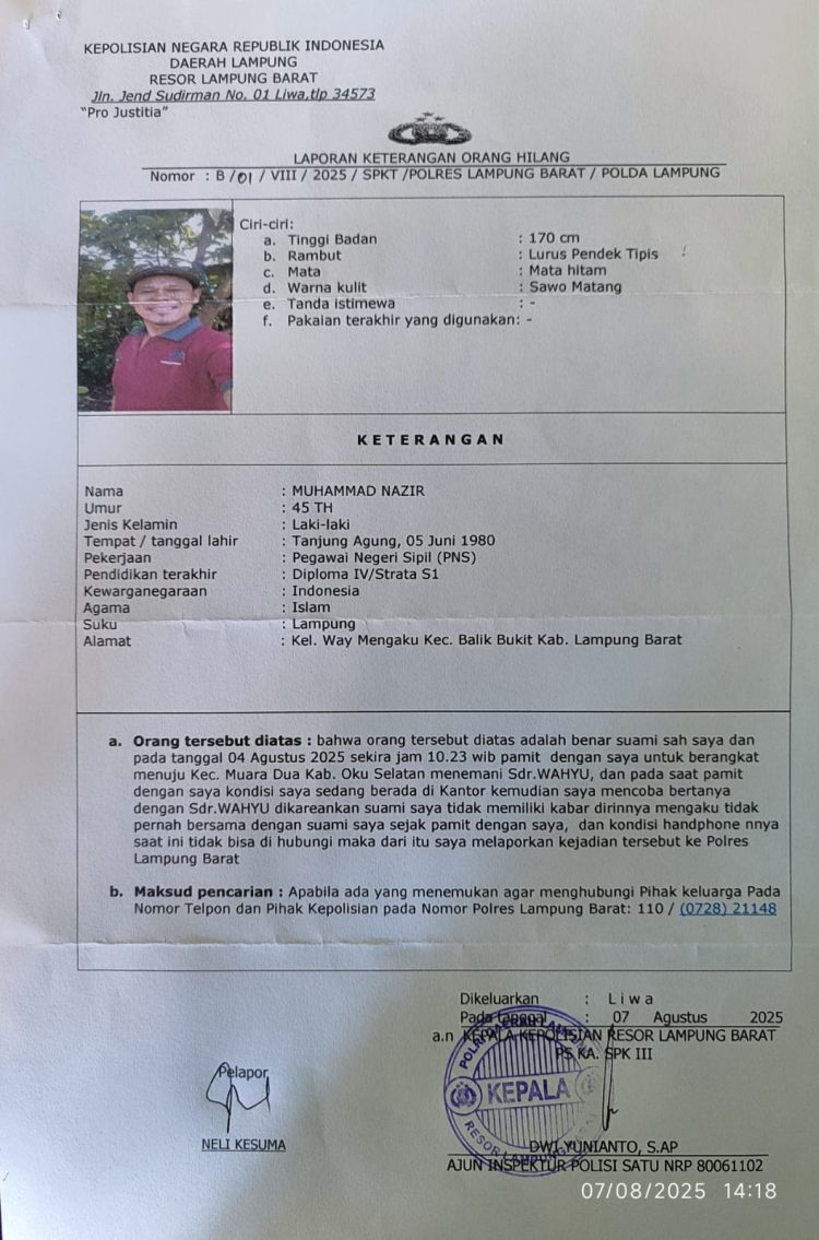 Info Orang Lambar Hilang, Suami Tidak Bisa Dihubungi, Istri Lapor Polisi