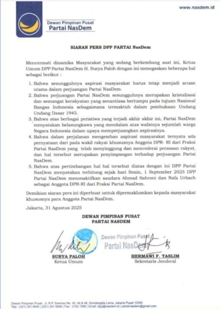 DPP Nasdem Nonaktifkan Ahmad Sahroni Dan Nafa Urbach