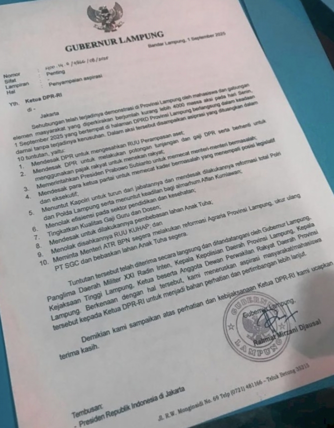 Mantab, Gubernur Lampung Gerak Cepat Sampaikan 10 Aspirasi Demo Ke DPR RI Dan Presiden